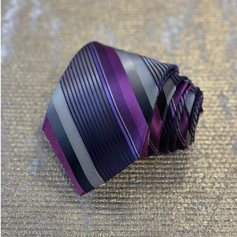 VAN HEUSEN Men's Purple, Grey & Black Stripe Silk Necktie NWT Business Office